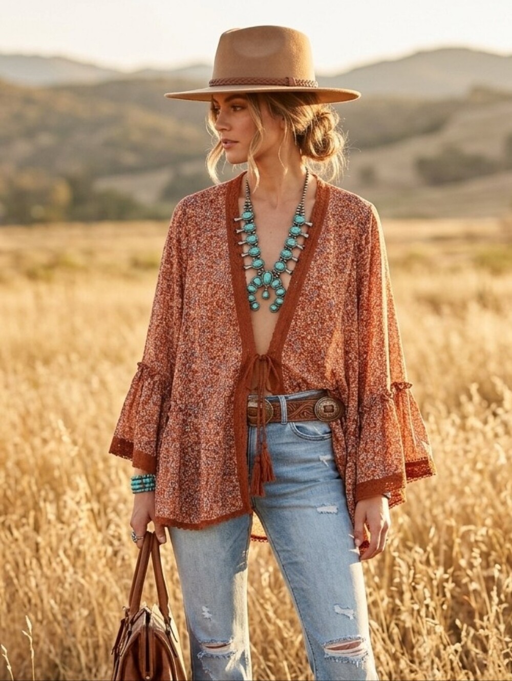 Free People Rust Floral Bell Sleeve Crochet Trim Tassel Tie Front Kimono Medium - Picture 6 of 6